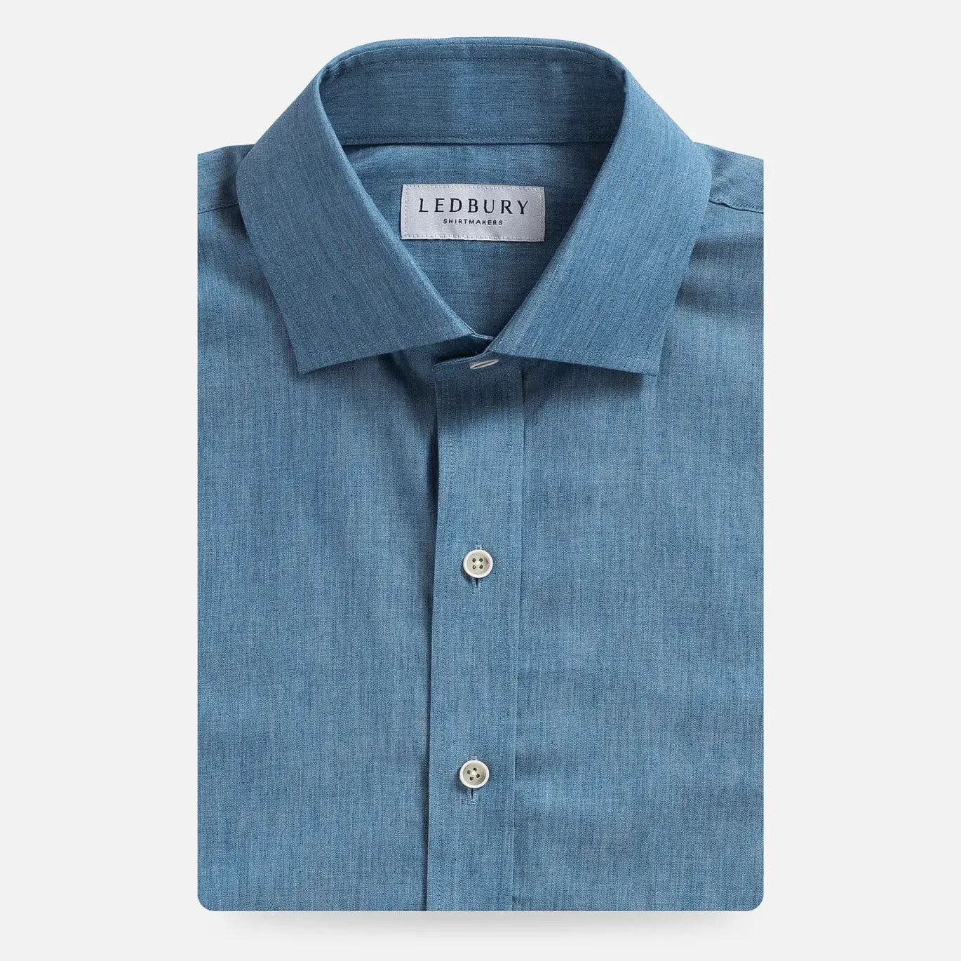 Blue Nelson chambray dress shirt front view - faux indigo custom shirt