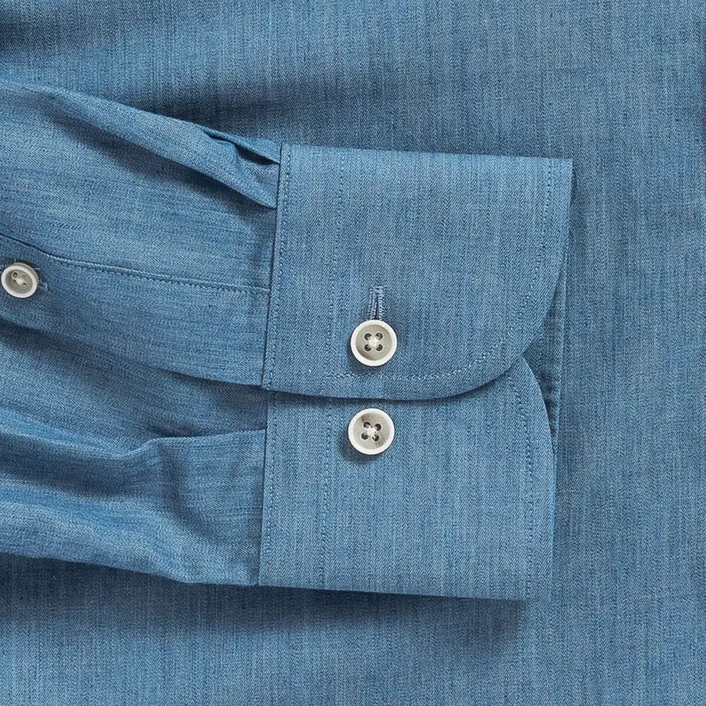 Blue chambray shirt sleeve and cuff detail - double button barrel cuff