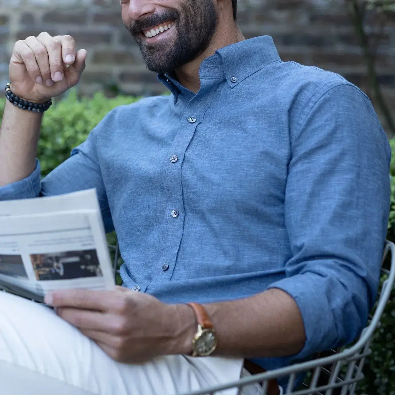 Medium blue Sandoval oxford chambray custom shirt worn casually by a model - Ledbury slub cotton casual shirt