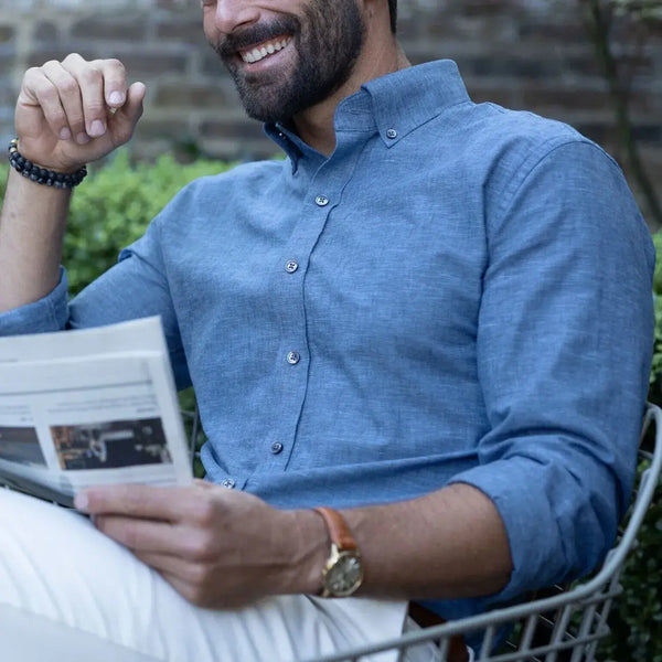 Medium blue Sandoval oxford chambray custom shirt worn casually by a model - Ledbury slub cotton casual shirt