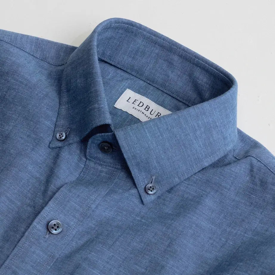 Medium blue Sandoval oxford chambray shirt collar detail - Ledbury custom shirt construction