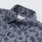 Vintage navy Sandoval palm print shirt collar and button detail - Ledbury short sleeve custom shirt construction