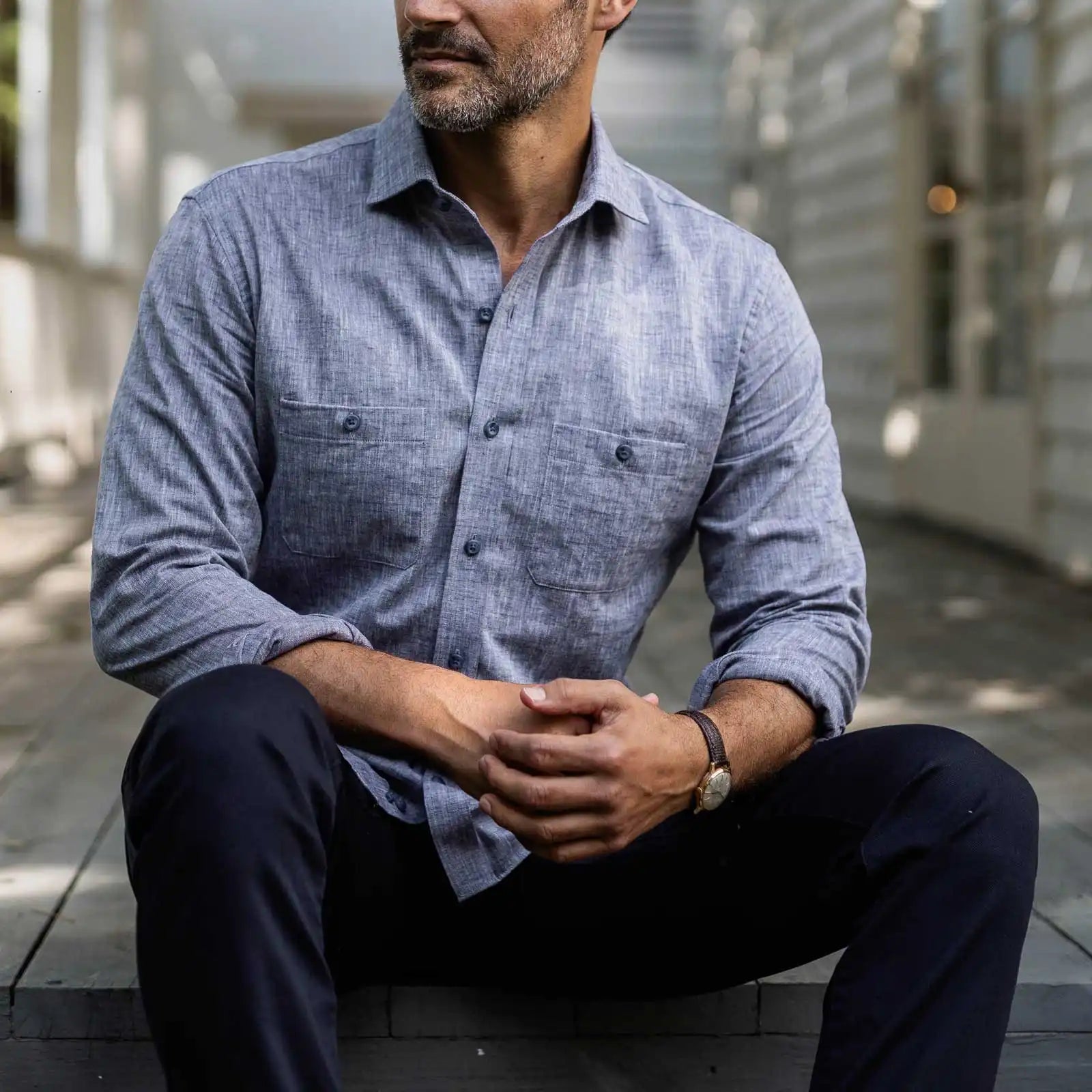 Man wearing navy blue Sandoval utility shirt - Ledbury custom casual shirt lifestyle