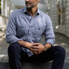 Man wearing navy blue Sandoval utility shirt - Ledbury custom casual shirt lifestyle