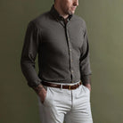 Man wearing olive Sandoval oxford chambray shirt - Ledbury custom casual shirt lifestyle