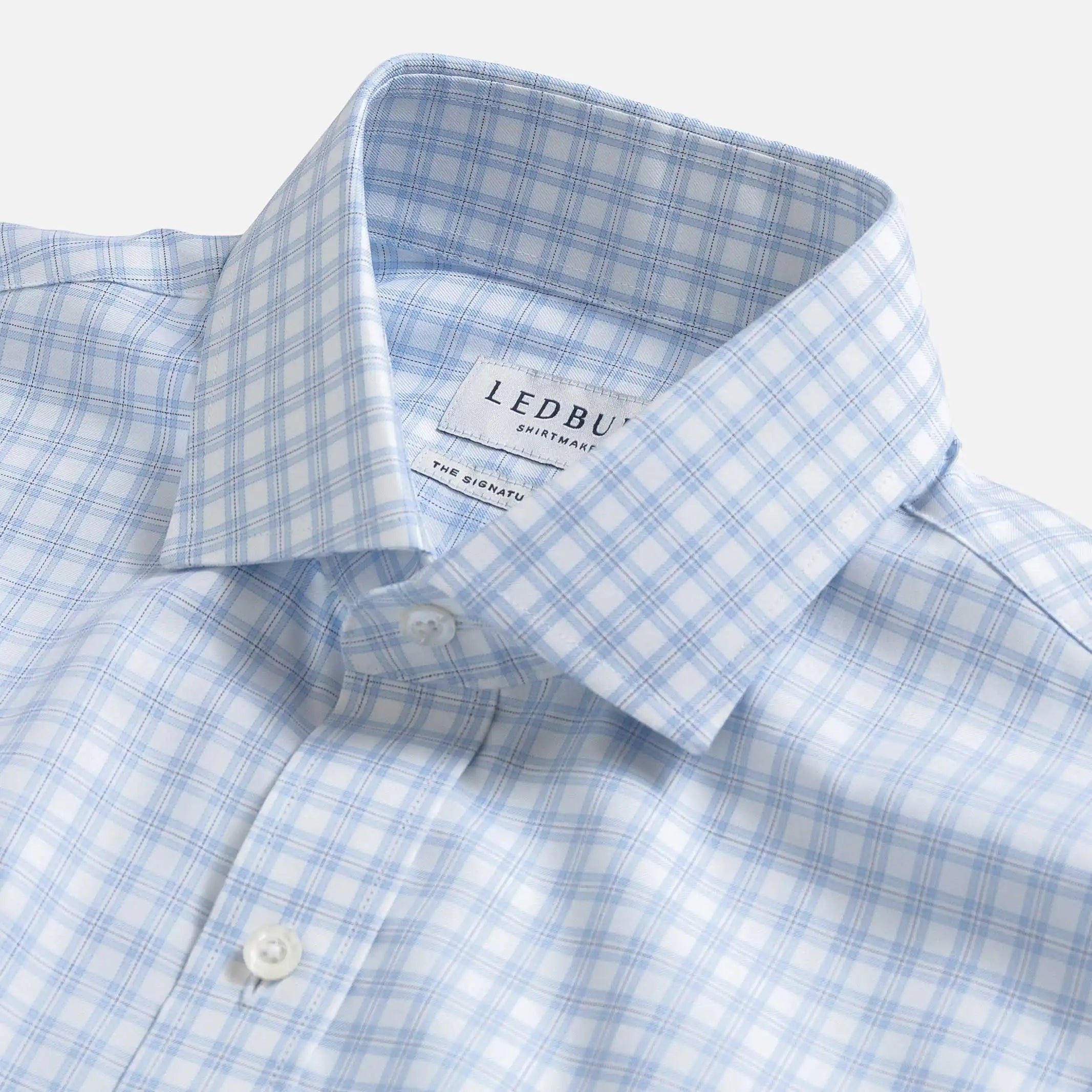 Light blue dress shirt collar with check pattern - fine twill detail