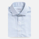 Light blue grid check dress shirt flat lay - subtle pattern fine twill