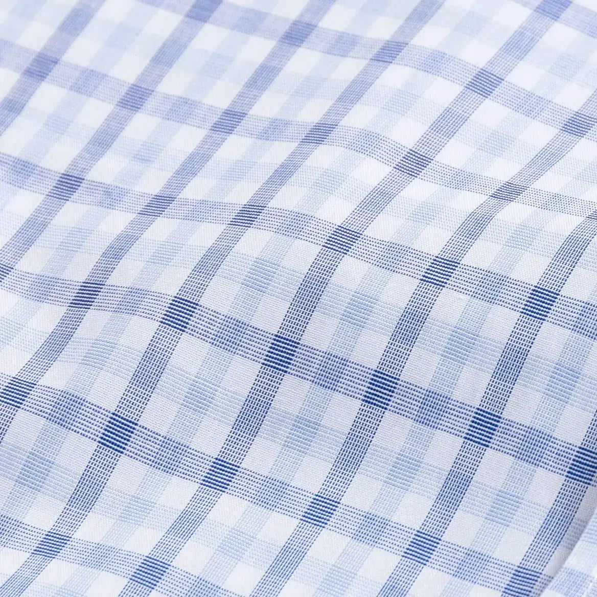 Men's navy blue dress shirt with mechanical stretch weave close up