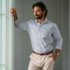 Brown Arville dress shirt fit and drape on model