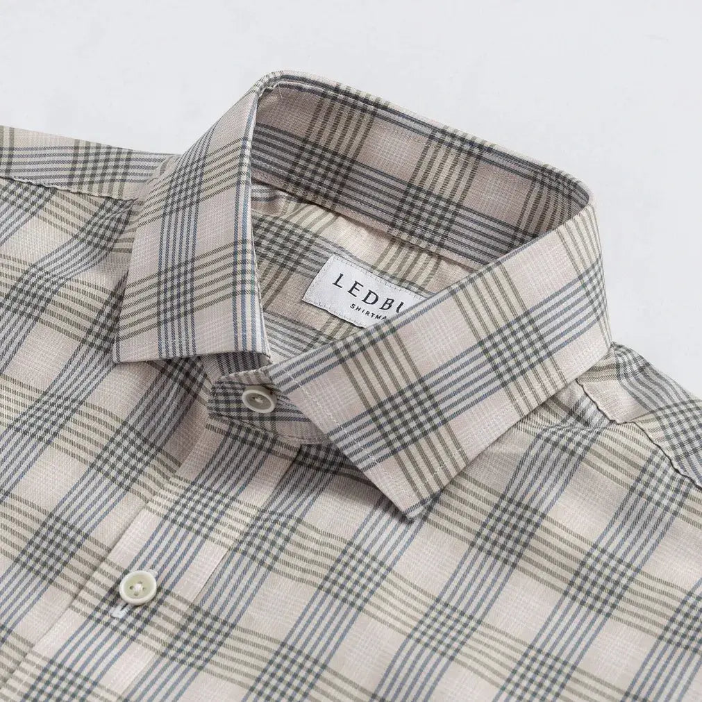 radford Check shirt short spread Alden collar detail - oatmeal check pattern close-up
