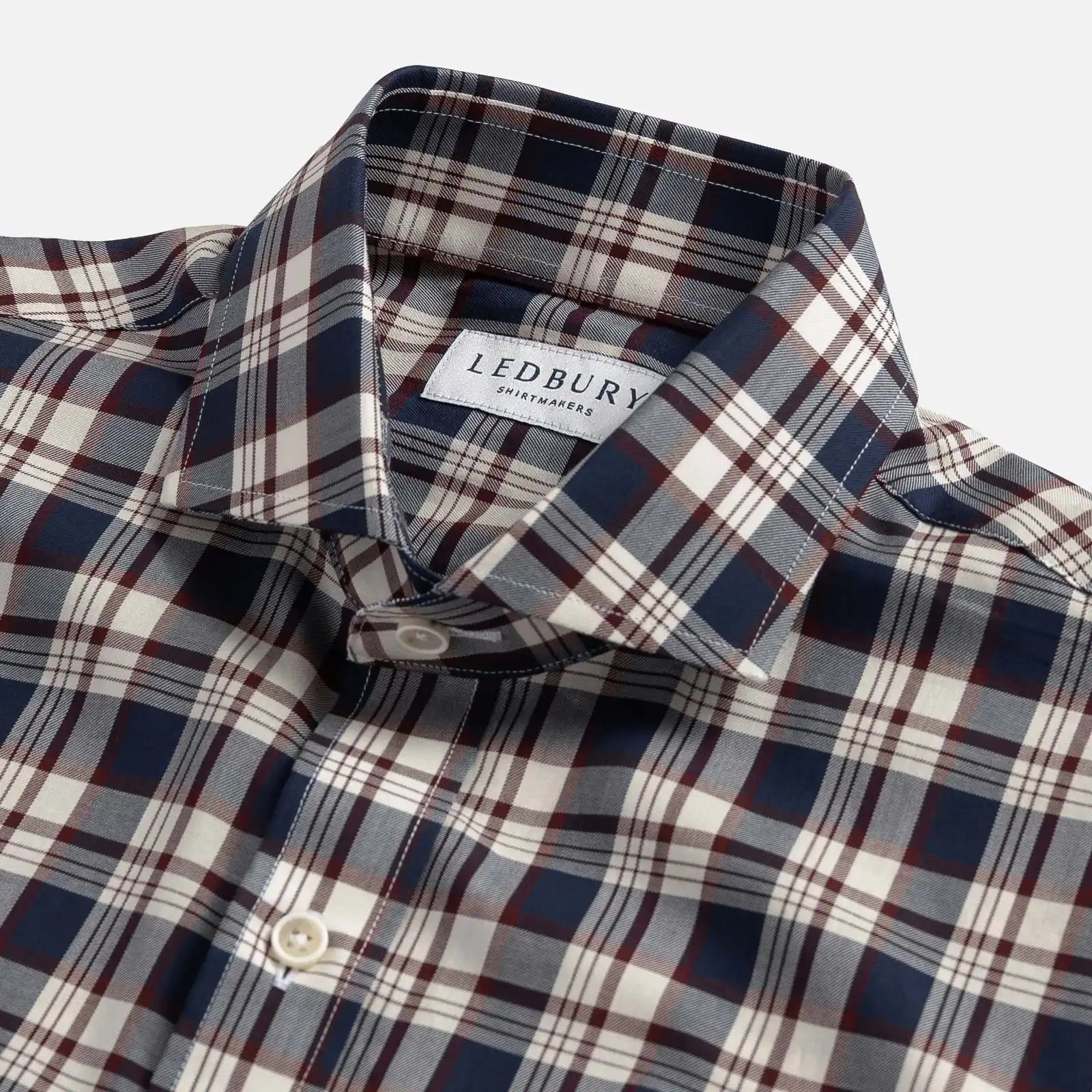 Bradford Check shirt short spread Alden collar detail - vintage navy check pattern close-up