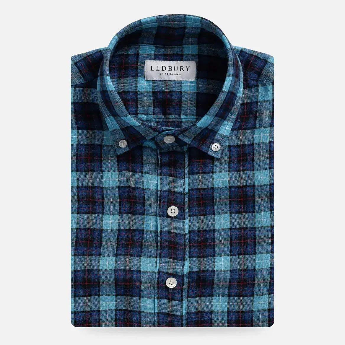Blue navy plaid linen shirt front view - Ledbury Albini Brody Italian woven