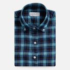 Blue navy plaid linen shirt front view - Ledbury Albini Brody Italian woven
