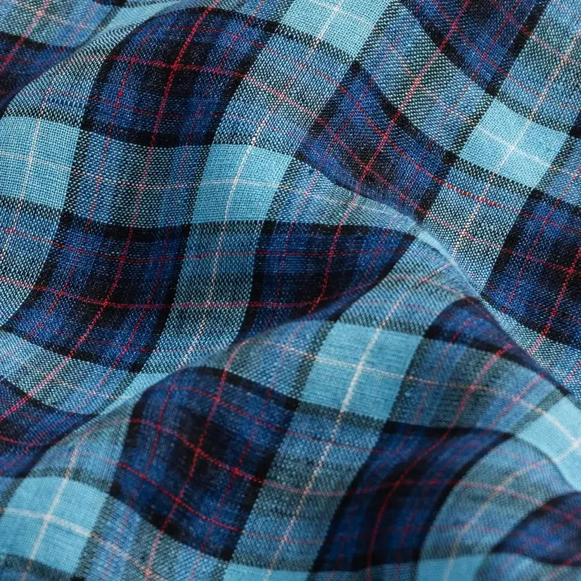 Blue navy red plaid linen fabric close-up - Albini Mill French linen texture