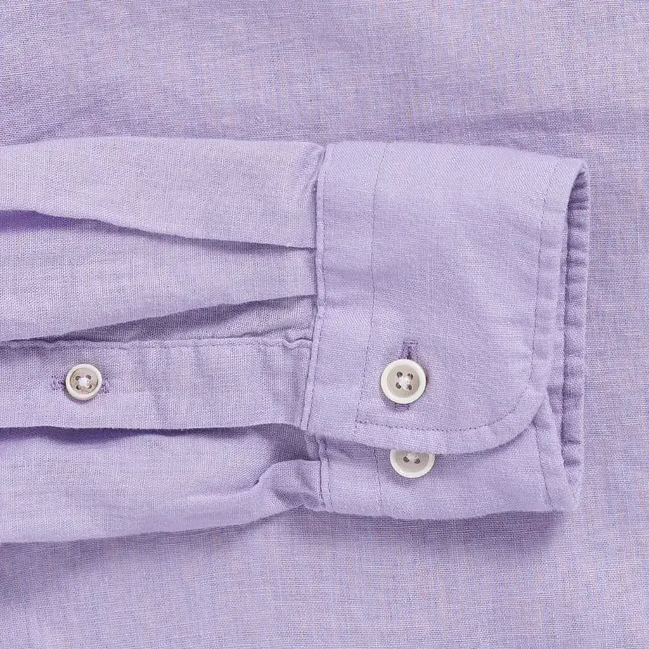 Lavender linen shirt sleeve and cuff detail - double button barrel cuff