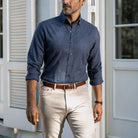 Slate Norton custom shirt styled with tan 5 pocket pants - versatile fall casual shirt
