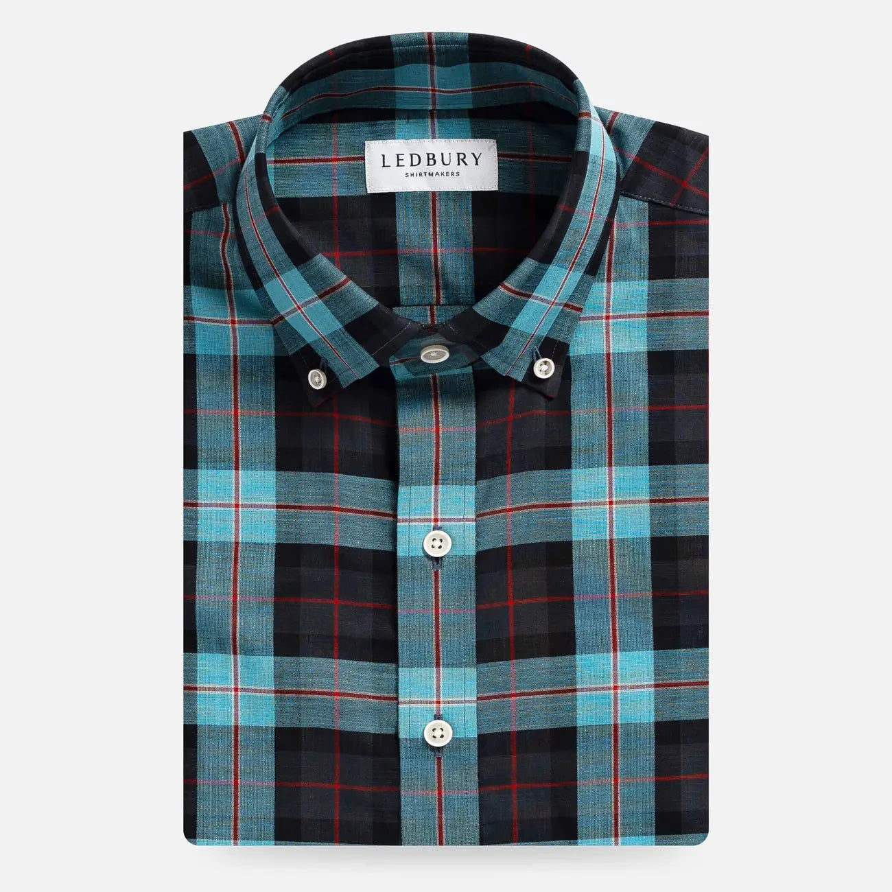 Ledbury Blue Albini Olson Plaid Custom Shirt folded flat, teal and navy plaid with red accents, button-down collar