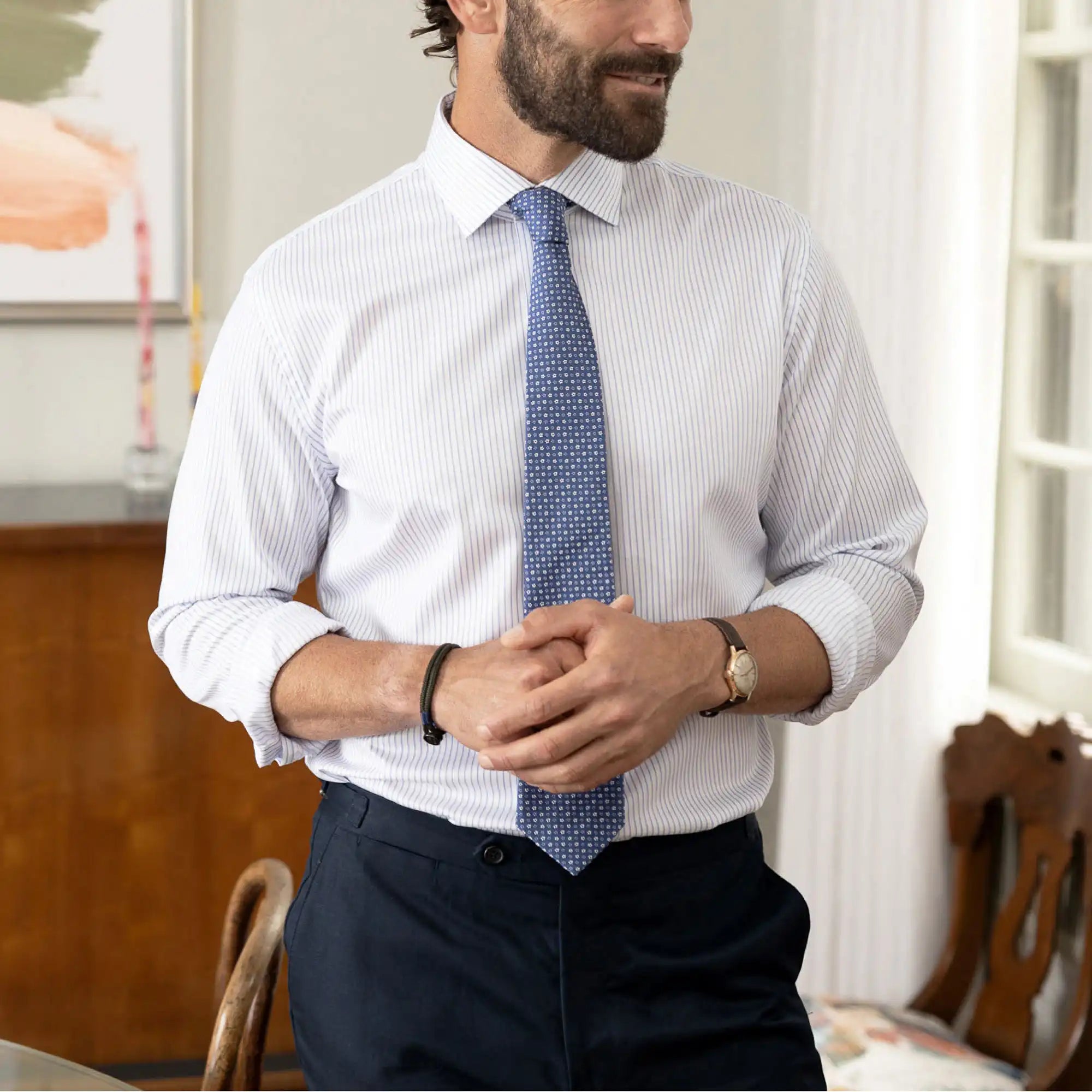Blue Owenby stripe dress shirt on model - premium 100% cotton Comfort Stretch fabric