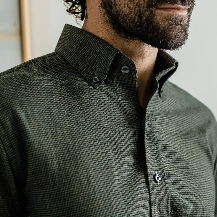 Green houndstooth shirt styled for business casual - brushed twill