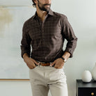 Man wearing brown windowpane casual shirt - brushed twill flannel