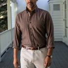 Brown houndstooth shirt styled for business casual - brushed twill