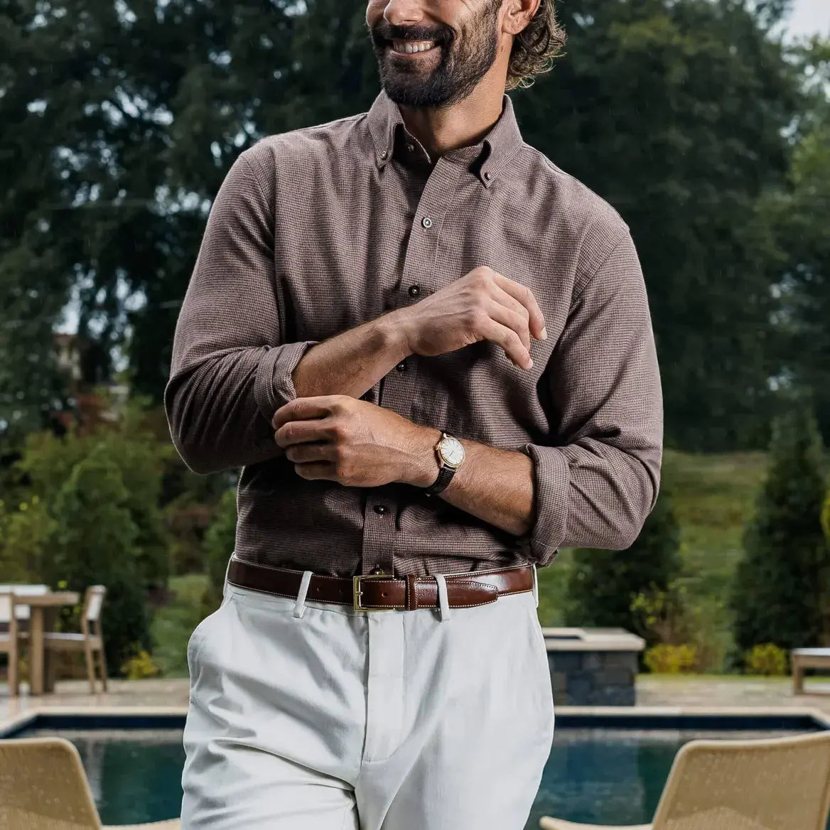 Brown houndstooth flannel shirt business casual styling - brushed twill