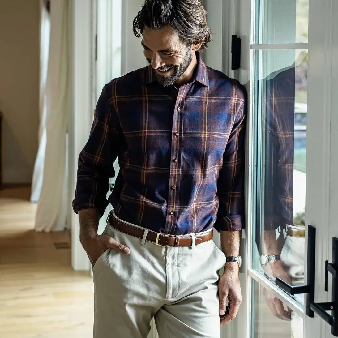 Men's plum plaid shirt styled for fall - brushed twill casual layering piece