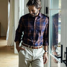 Men's plum plaid shirt styled for fall - brushed twill casual layering piece
