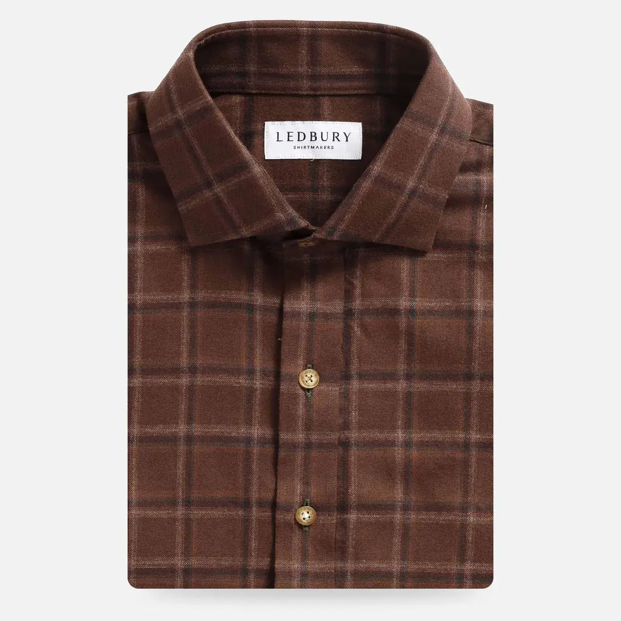 Rustic brown Woodly plaid custom shirt front view - men's fall casual shirt