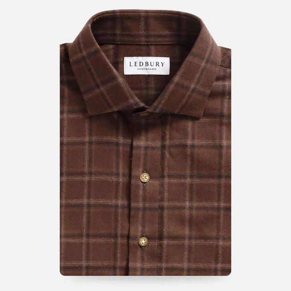 Rustic brown Woodly plaid custom shirt front view - men's fall casual shirt