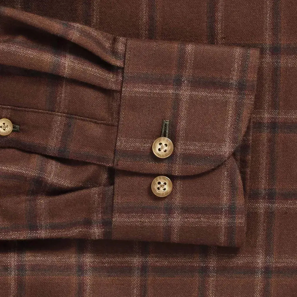 Rustic brown plaid shirt sleeve and cuff - double button barrel cuff detail