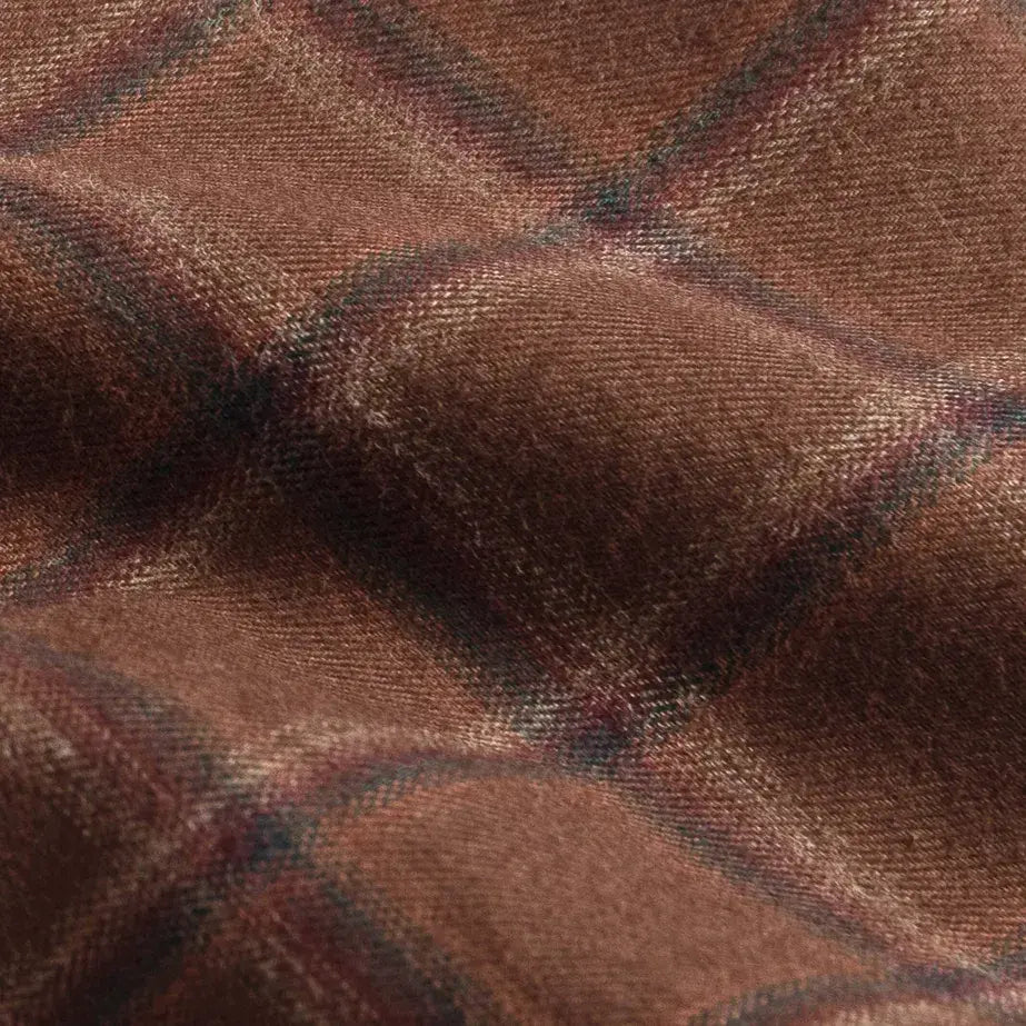 Rustic brown large-scale plaid fabric close-up - brushed cotton twill texture