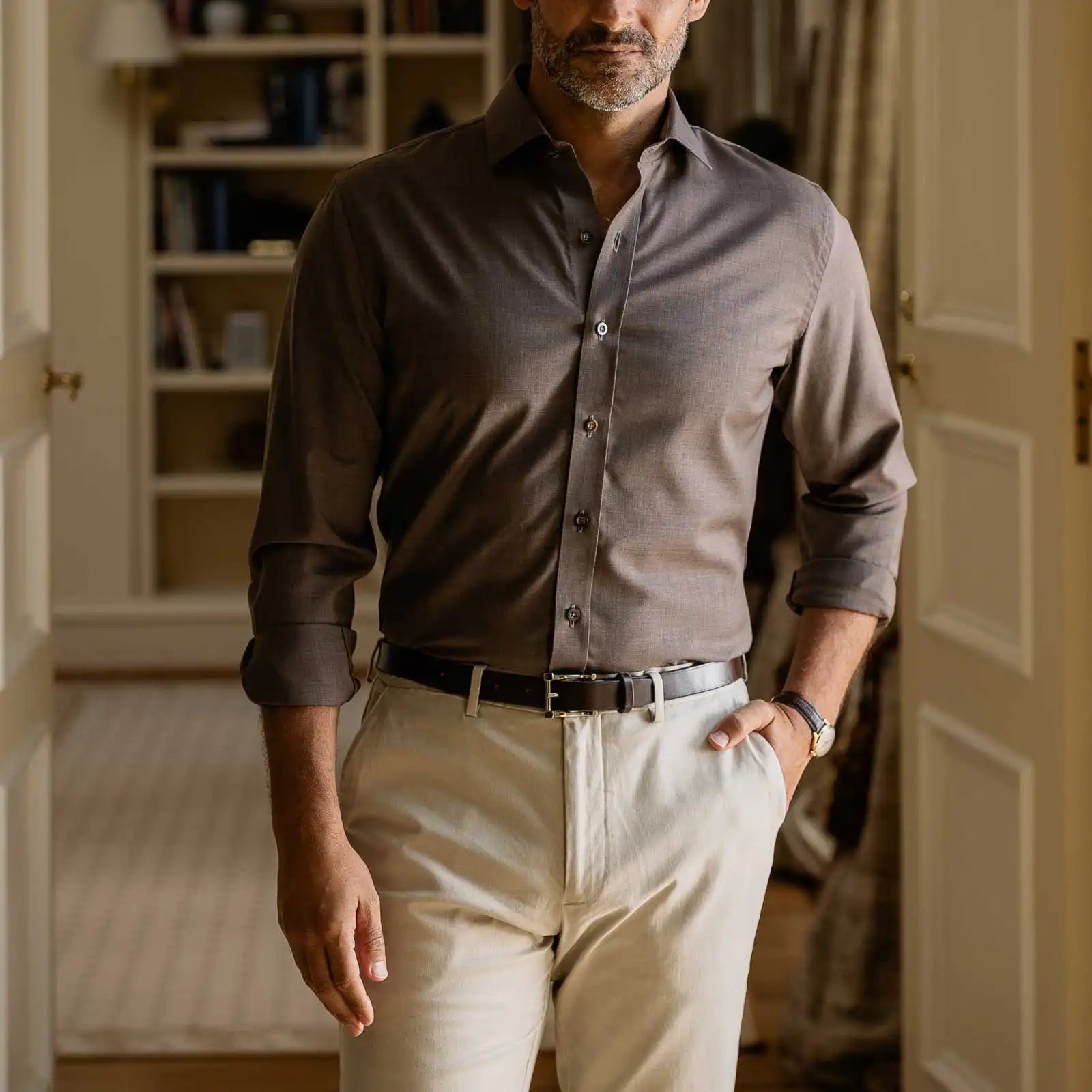 Soft Brown Reda Merino shirt styled - 100% New Zealand wool with natural stretch