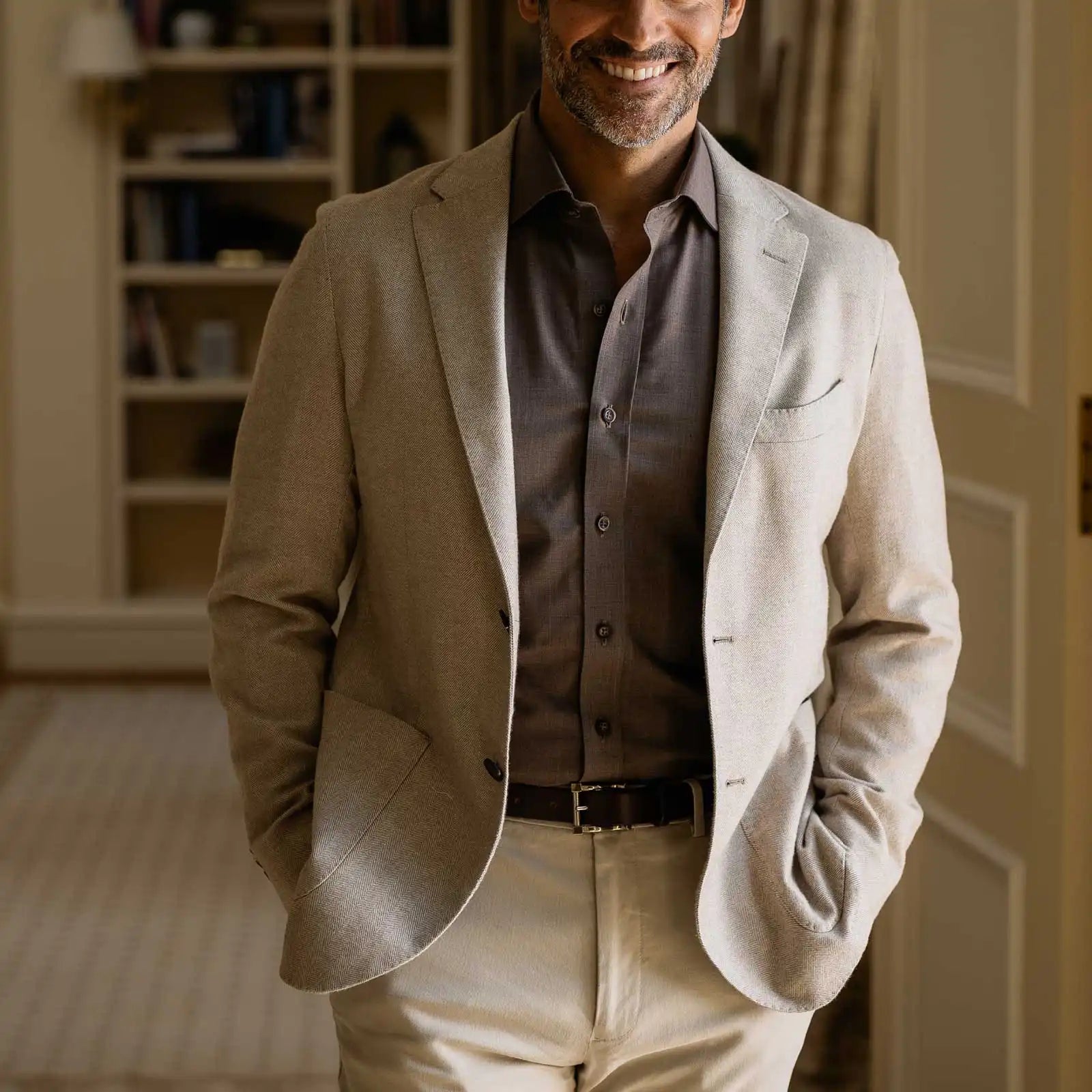 Soft Brown Reda Merino dress shirt on model - machine washable wrinkle-resistant wool