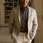 Soft Brown Reda Merino dress shirt on model - machine washable wrinkle-resistant wool