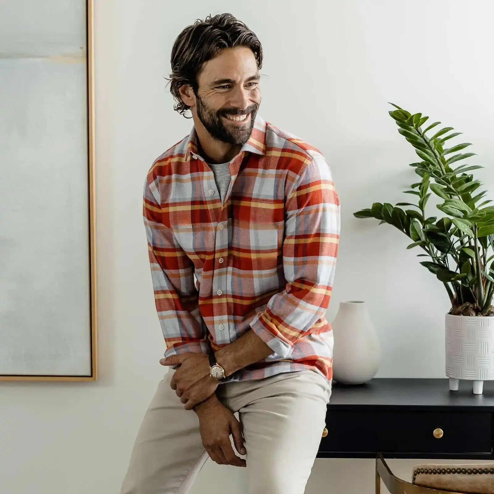 Red Jackman flannel shirt lifestyle shot - men's casual custom fit
