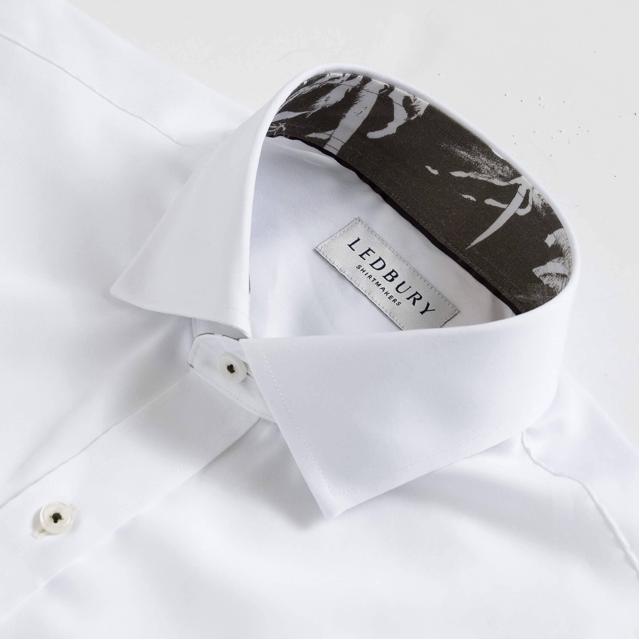 Palm print contrast collar detail - tropical pattern on white dress shirt