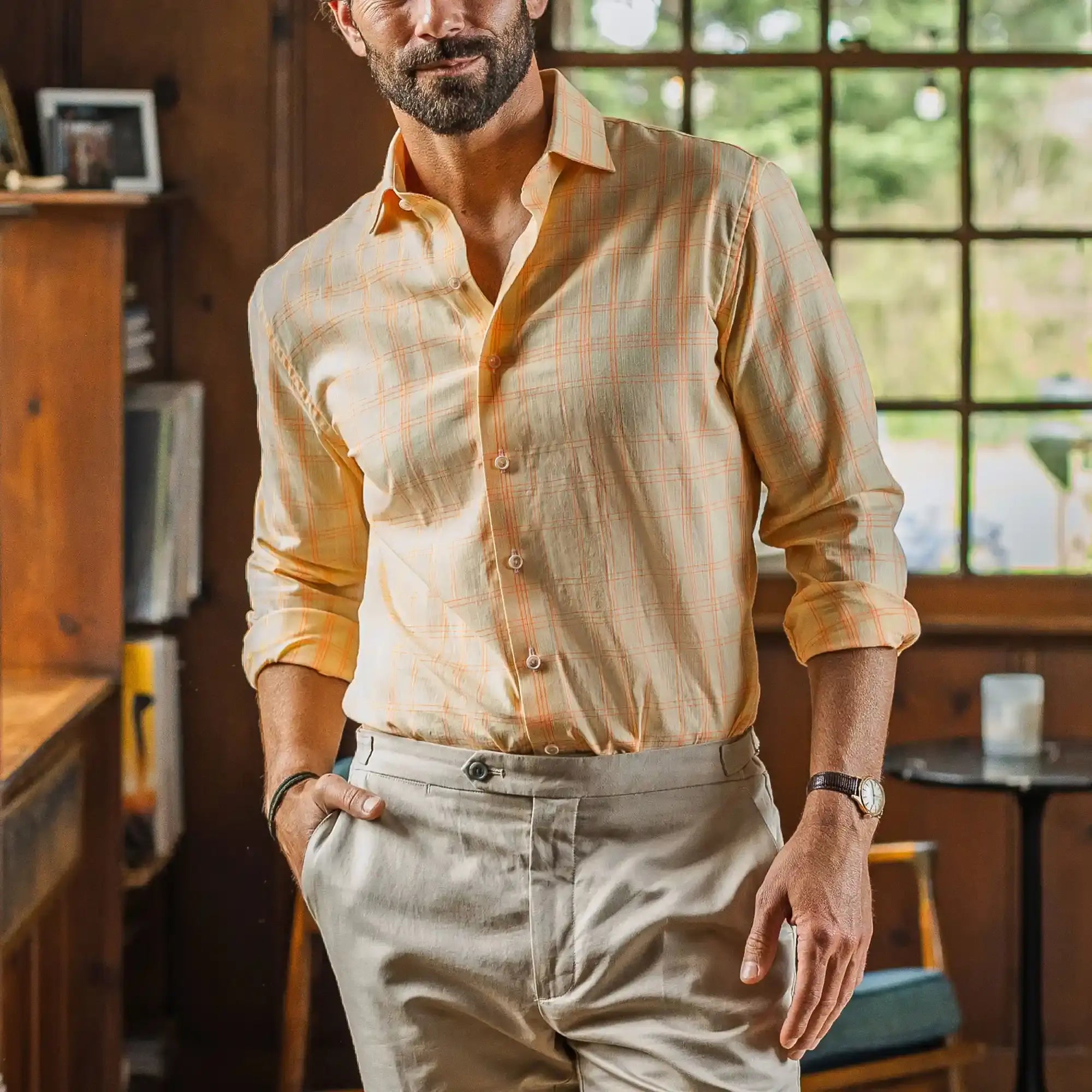 Yellow Torello Check custom shirt styled casually — men's summer shirt by Ledbury