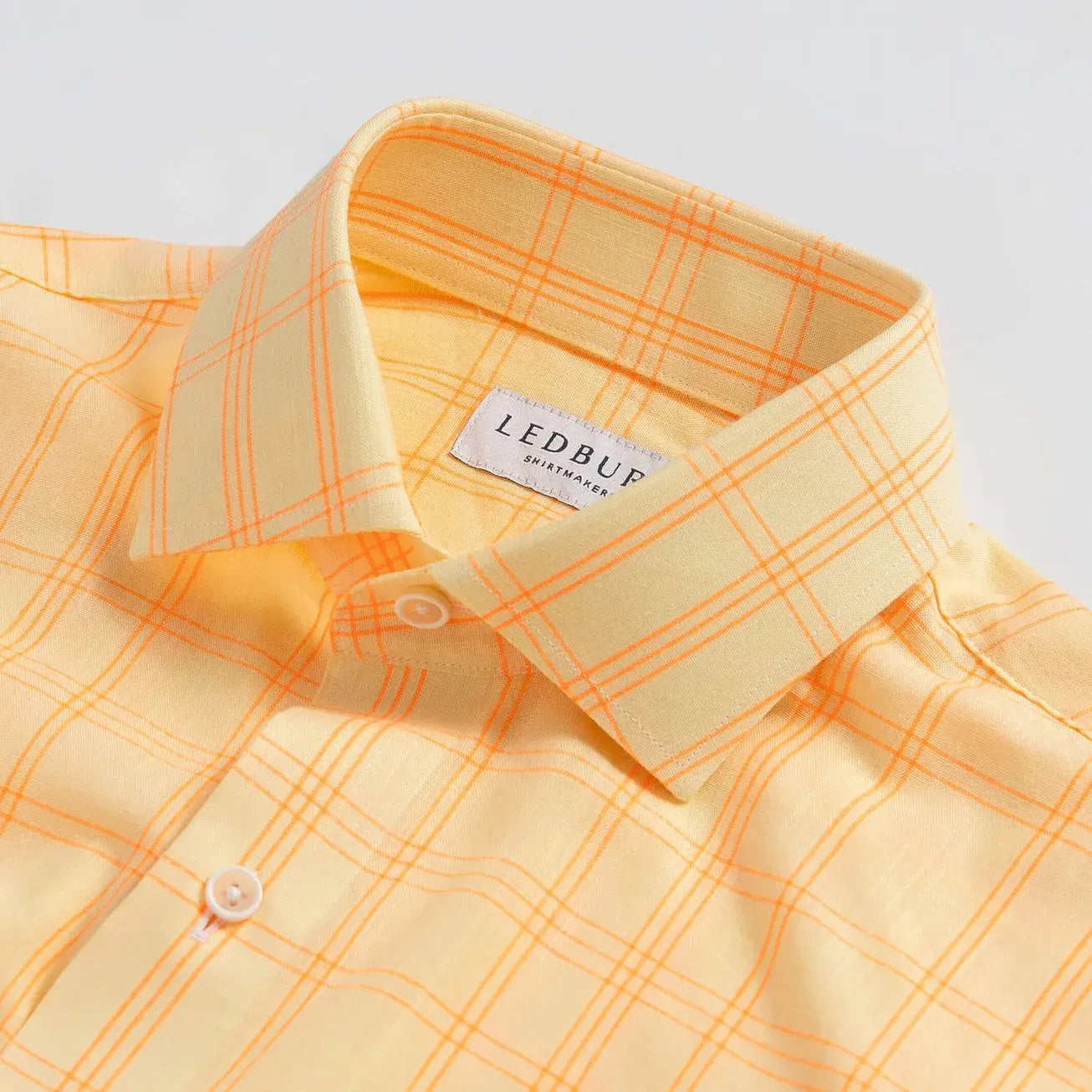 Yellow Torello Check shirt collar detail — Semi Spread Quint collar by Ledbury