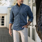 Man wearing Slate Blue Foxcroft Corduroy shirt - casual lifestyle photo