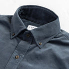 Foxcroft Corduroy shirt button-down collar detail - slate blue micro cord texture close-up