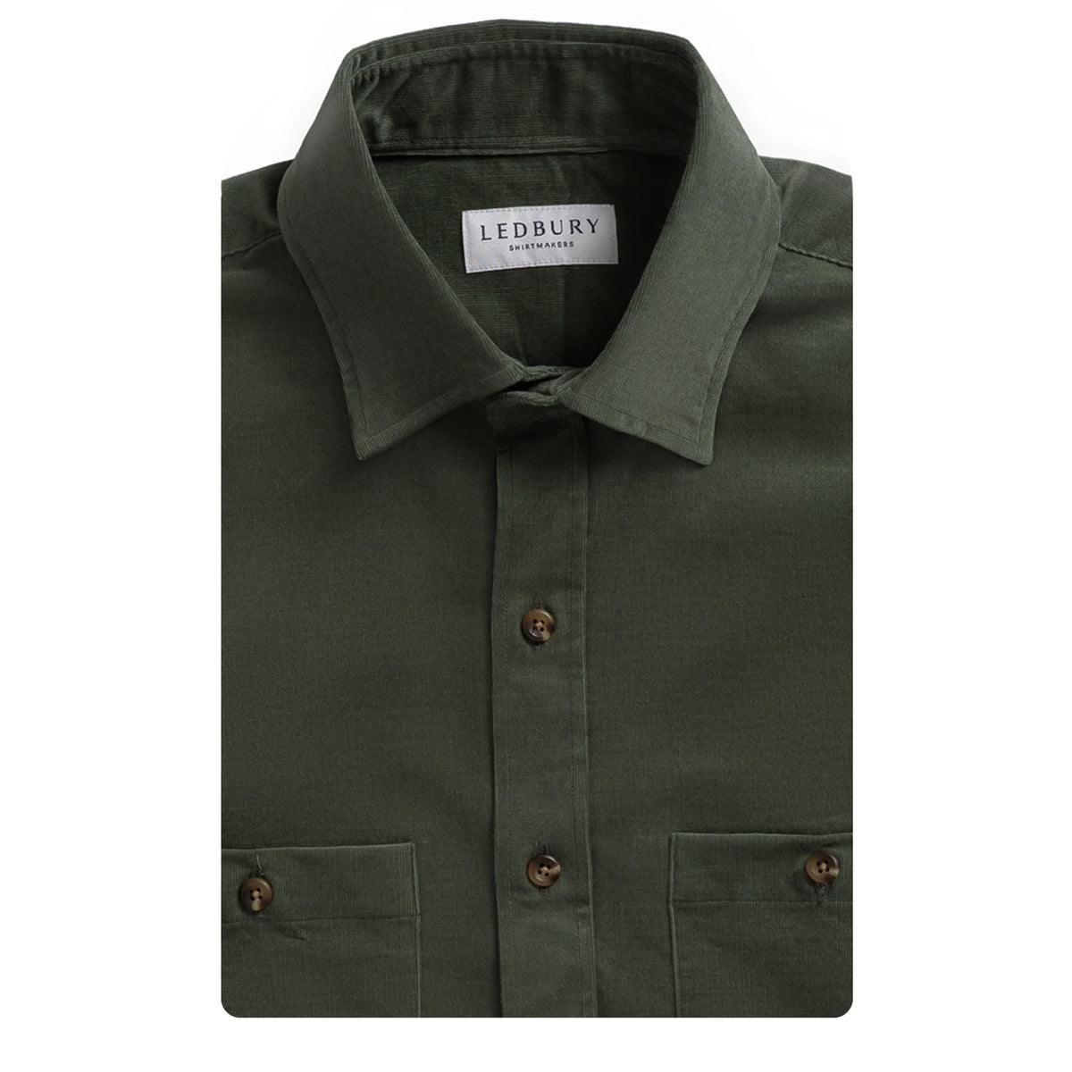 An olive green long-sleeve button-down shirt by Ledbury, folded to show the collar, front buttons, and chest pockets against a plain white background.