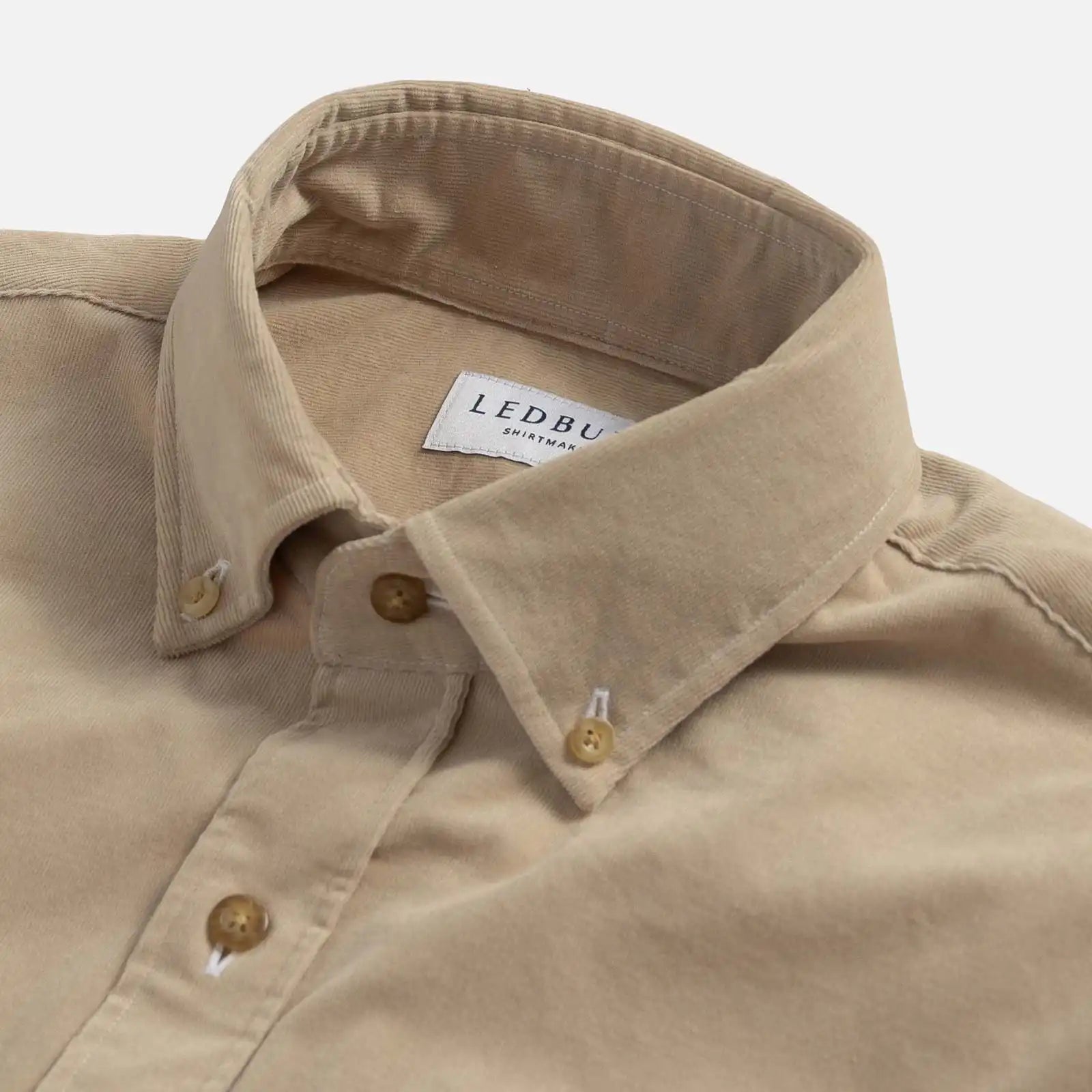 Foxcroft Corduroy shirt button-down collar detail - tan micro cord texture close-up