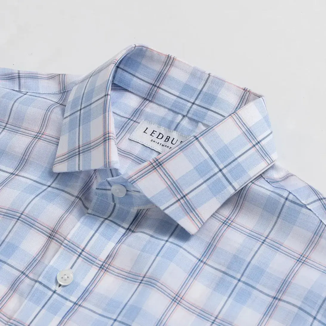 Semi-spread collar detail sky blue plaid shirt - Ledbury Alta Quint collar