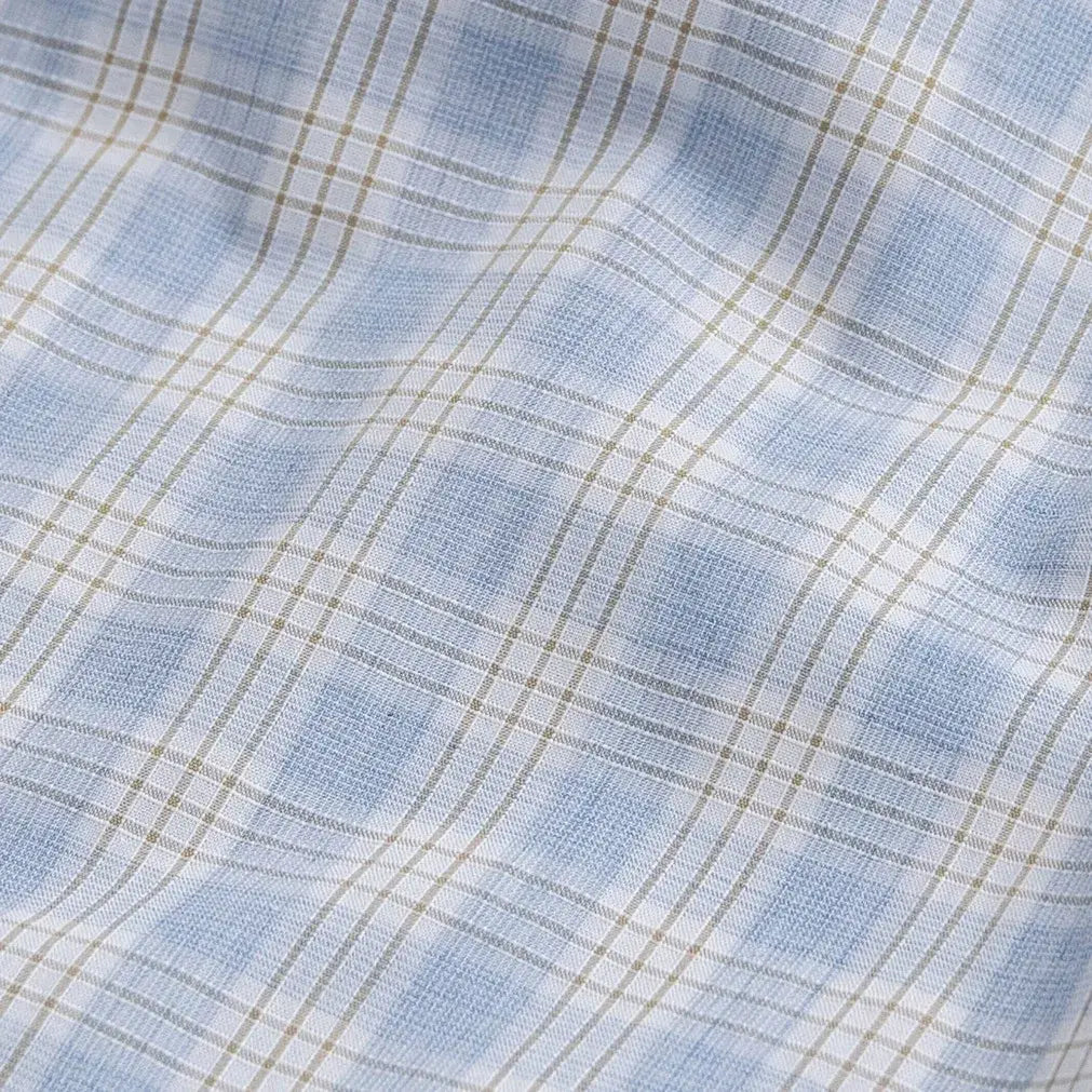 Light blue check poplin fabric close-up - 100% cotton Chamlin shirt texture