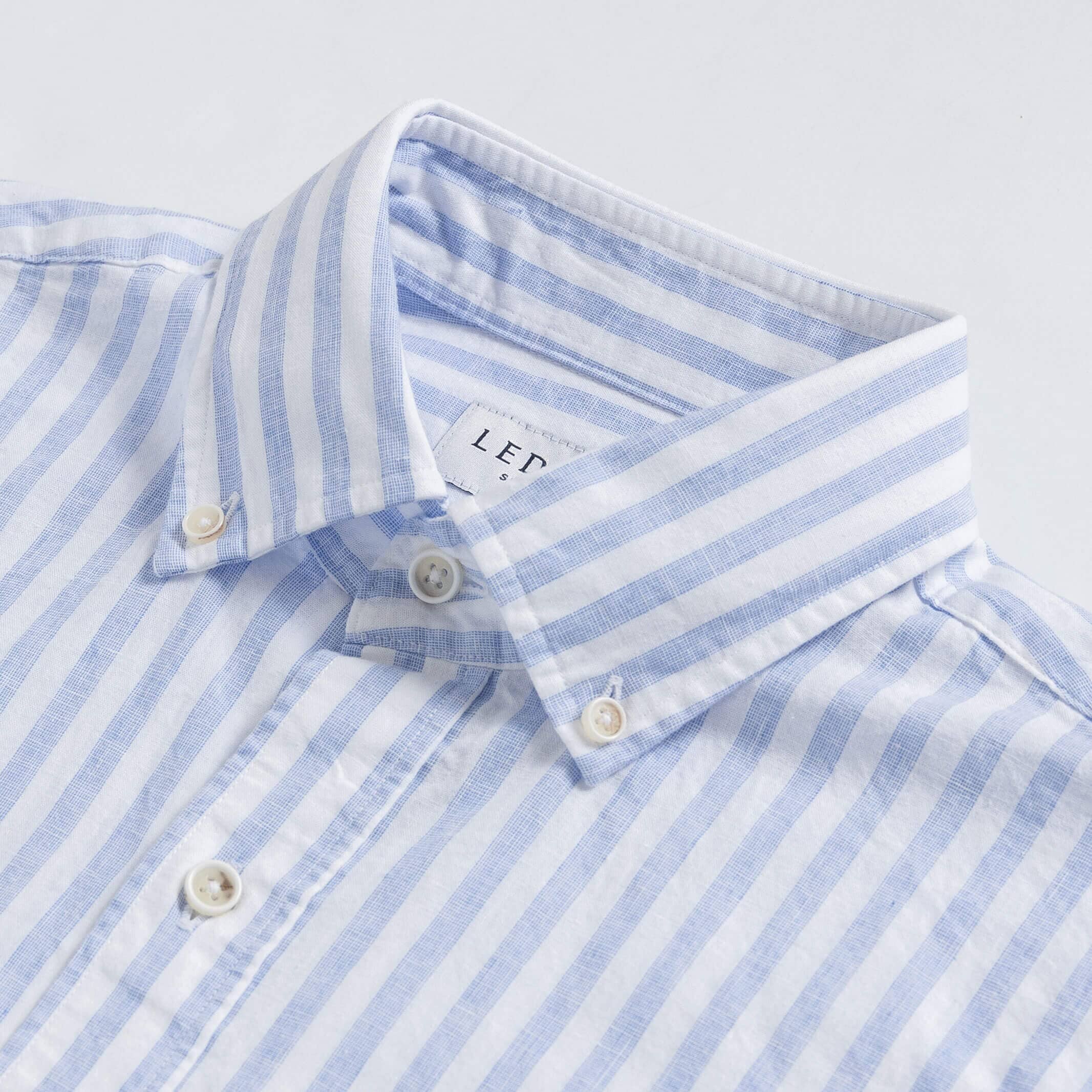 Blue stripe cotton linen shirt collar detail - 70% cotton 30% linen blend