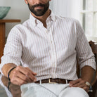 Tan stripe cotton linen casual shirt lifestyle photo - summer styling