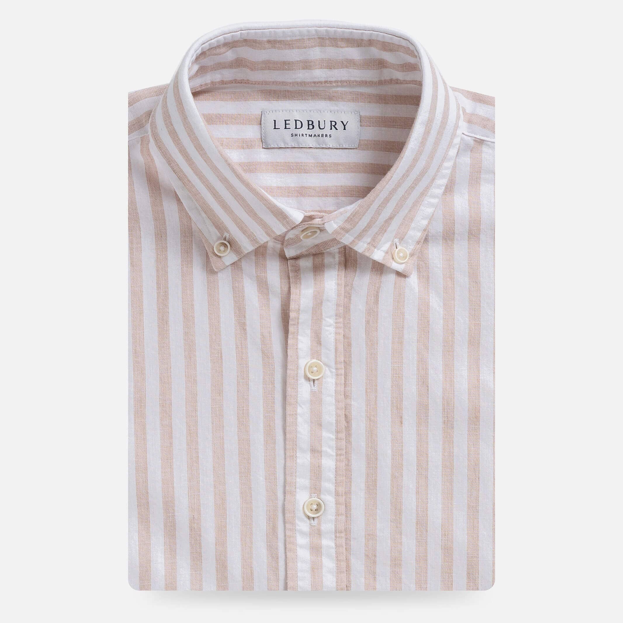 Tan Barretto stripe cotton linen shirt front view - Spanish-woven custom shirt
