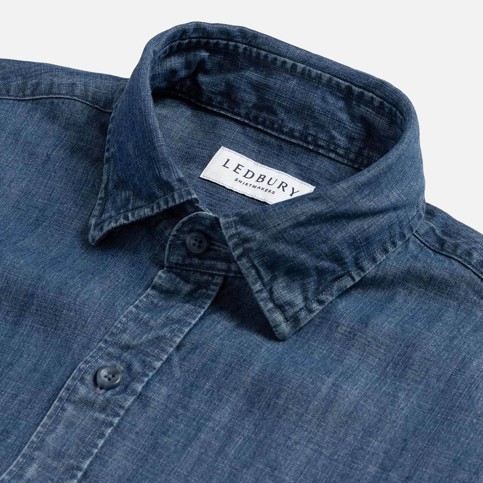 Blue Easton denim utility shirt collar detail - Tencel fabric construction