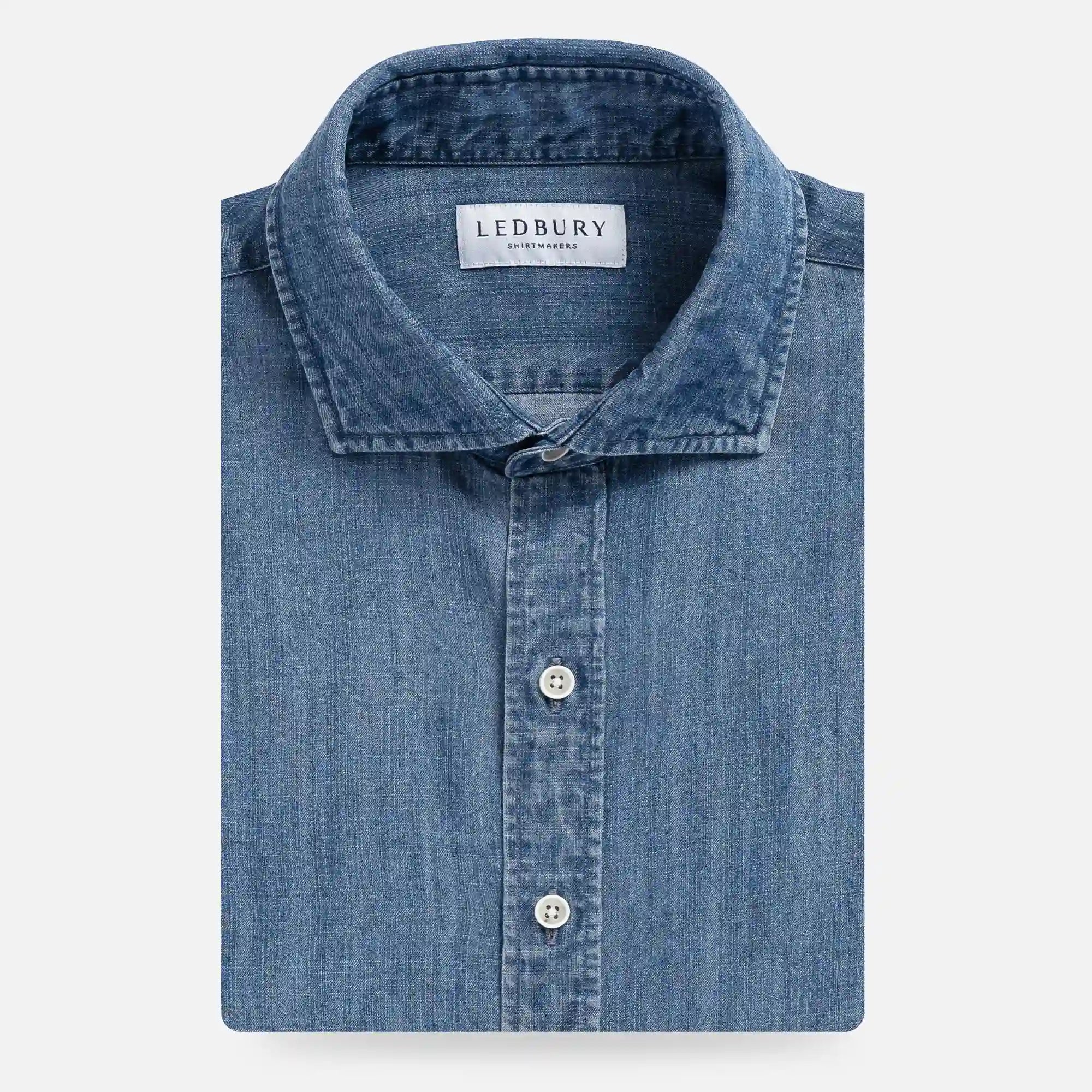 Blue Easton Tencel denim shirt front view - lightweight custom casual shirt